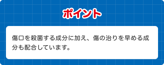 ポイント 傷口を殺菌する成分に加え、傷の治りを早める成分も配合しています。