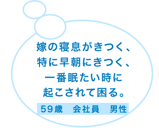 嫁の寝息がきつく、特に早朝にきつく、一番眠たい時に起こされて困る。59歳　会社員　男性